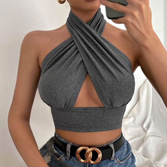 Grey Cross Halter Crop Top - Picture 2 of 5